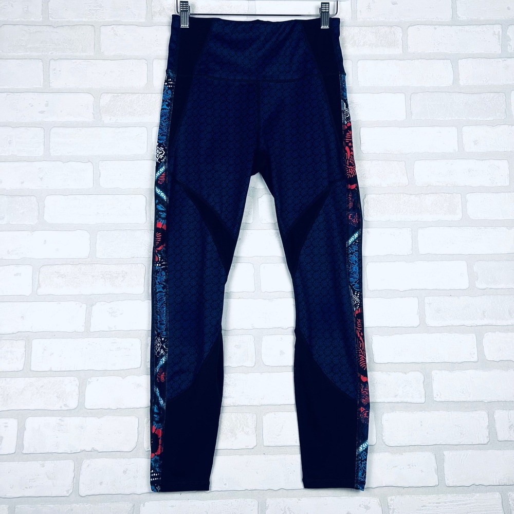 Athleta Navy Blue Medallion Print Mesh Panel High Rise Leggings Small Floral